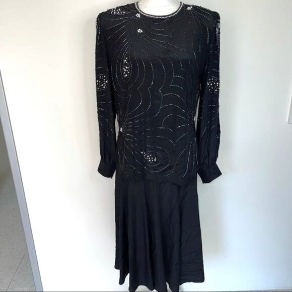 Argenti Notte Beaded Silk Skirt Set Womens Size Medium M Vintage Zipper Black - Picture 12 of 12